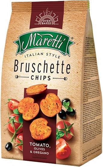 Maretti Bruschette Tomato & Olives & Oregano Chips 70g | Italian Bagel Crisp Chips | 2 in 1 Snack | Freshly Oven-Baked Crispy Vegetarian Bites | GMO Free (Tomato & Olives & Oregano, 2 Pack)