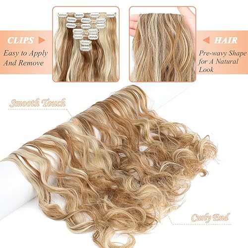 Miniatura 4 de Extensiones de cabello con pinzas, 7 piezas de 24 pulgadas, cabello ondulado largo, rizado, cabello sintético de trama gruesa, para mujer, color