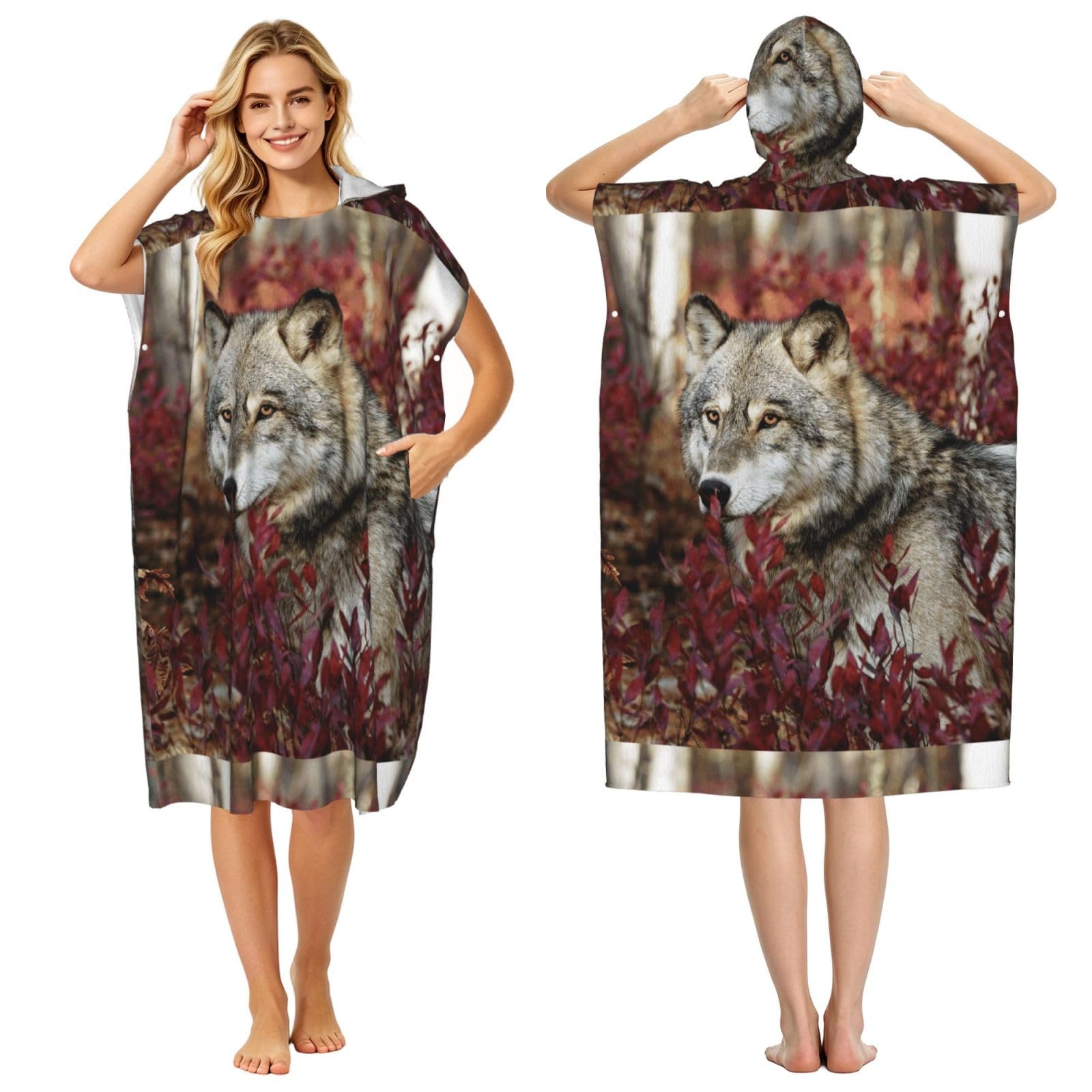 Poadnly Wolf, Adult Hooded Beach Towel 90 x 110 cm,Changing Bath Robe, Surf Poncho Towel For Women Men
