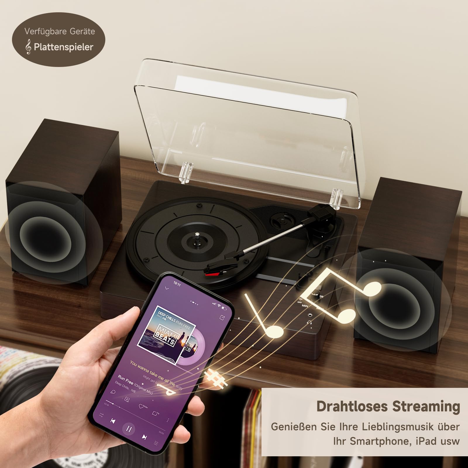 Topteng Schallplattenspieler mit Lautsprecher, 3-Geschwindigkeiten (33/45/78 U/min) für 7/10/12 Zoll Vinyl-Schallplatten, Geteilter Turntable Record Player, mit LP Modus - Zum entspannten Musikgenuss