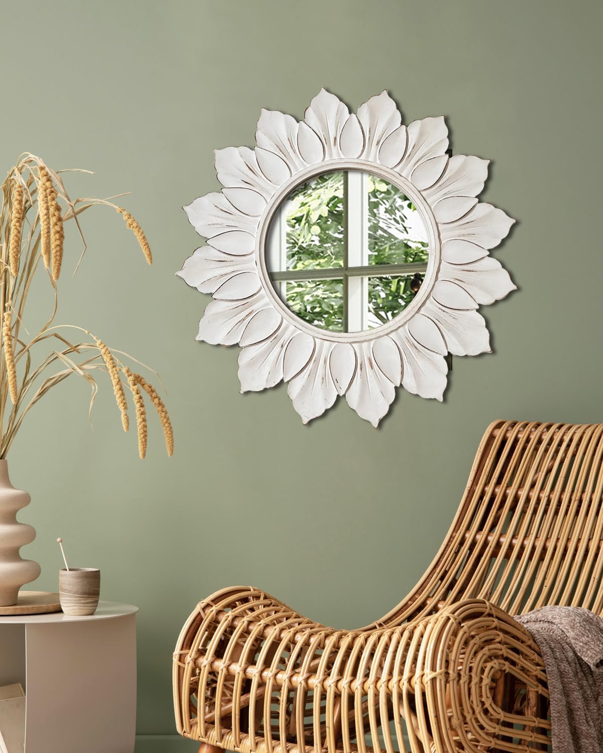 Sunflower Sunburst Wall Mirror, 26" Distressed White Wooden Frame, Handcrafted Petal Floral Design, Vintage Farmhouse Style Mirror for Wall Decor for Living Room, Bedroom, Bathroom, Vanity
