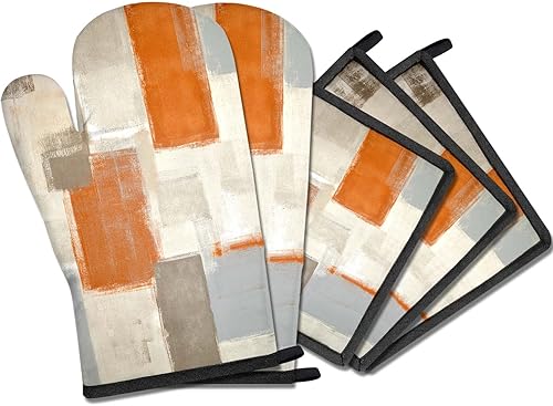 Miniatura 1 de MCALK Juego de 5 manoplas de horno naranjas y soportes para ollas, guantes de horno beige y almohadillas calientes para cocina de cocina, manoplas