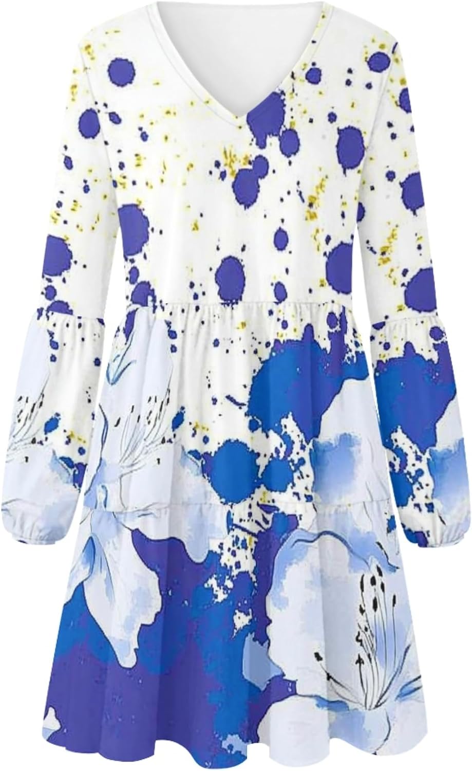 Women 2025 Floral Print Puff Long Sleeve V Neck Smocked Midi Casual Dress Empire Waist Tiered Swing Flowy Dress - Image 3