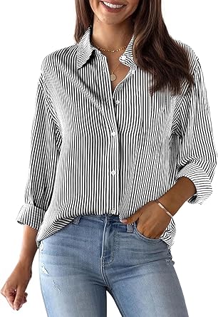 Aoudery Womens Button Down Shirts Cotton Striped Dress Shirt Long Sleeve Collared Office Work Pinstripes Blouses Tops