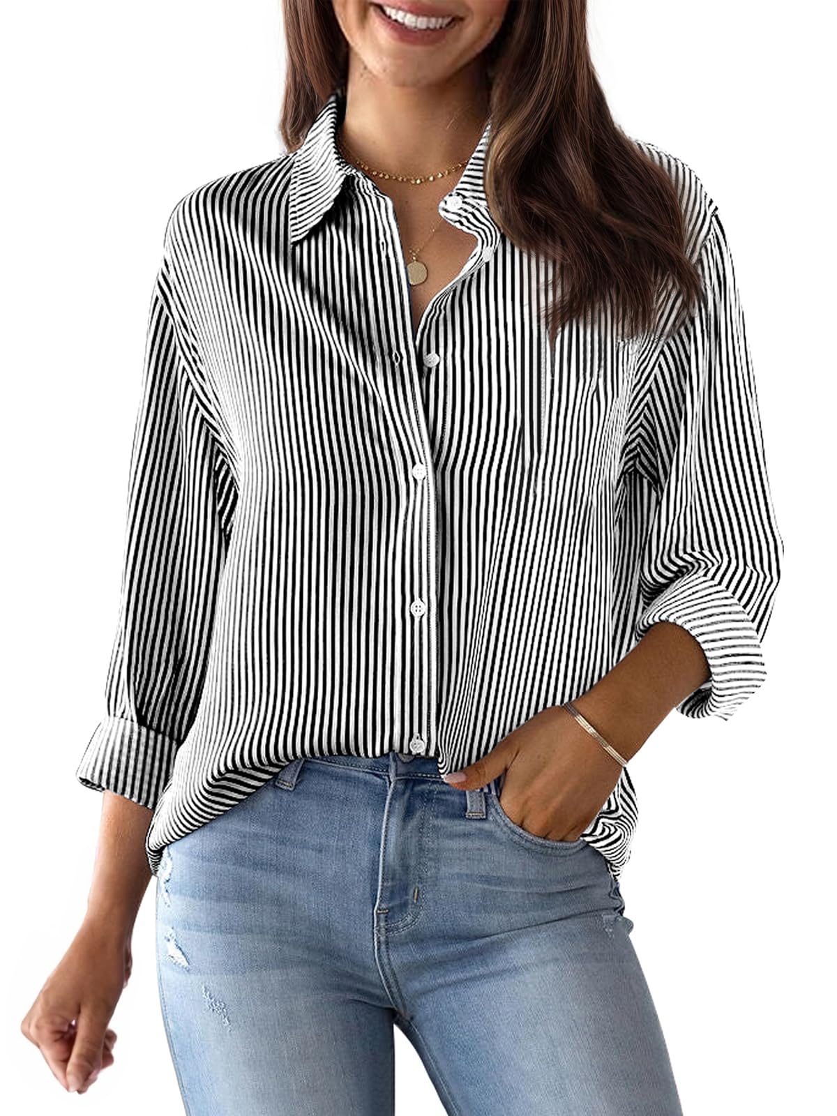 Aoudery Womens Button Down Shirts Cotton Striped Dress Shirt Long Sleeve Collared Office Work Pinstripes Blouses Tops