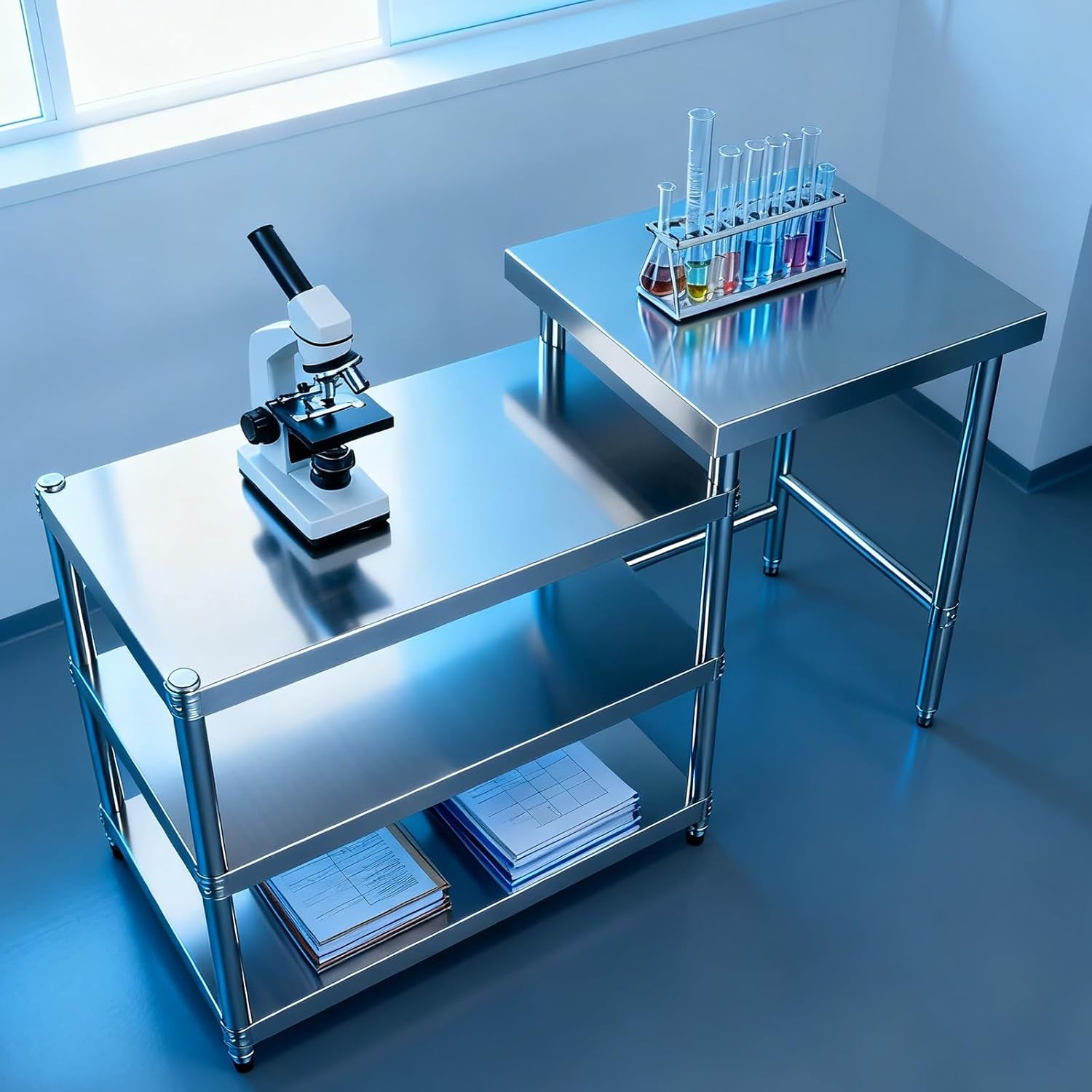 Three-Tier Stainless Steel Workbench Floor-Standing Shelving Unit Adjustable Platform Base Worktable Multi-Functional Cutting Board Easy Assembly L106/116cm(106x50x80cm/41.7x19.7x31.5”)