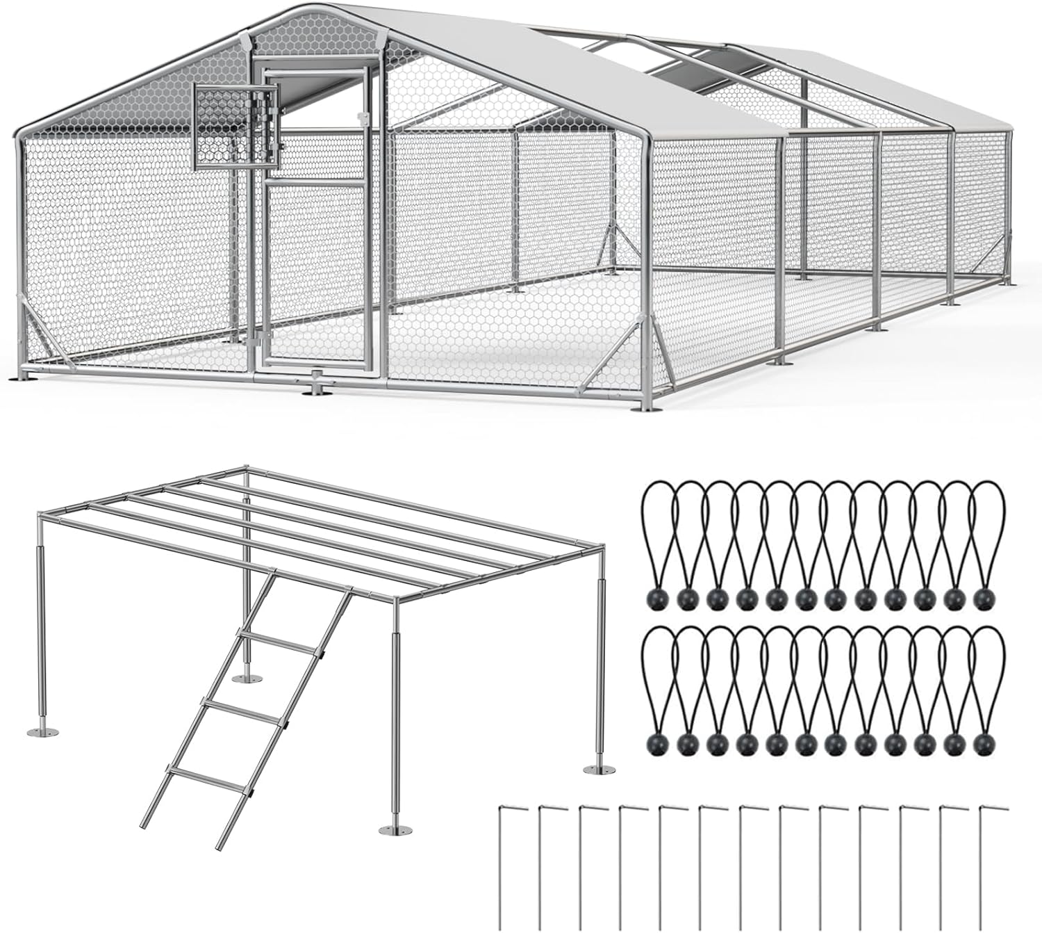 20x10x6.5 FT Large Metal Chicken Coop, Functional Split Door Chicken Coop Run with Cover & Hardware Cloth,Heavy Duty Chicken Pen with Aluminum Frame, Easy Setup Animal Run for Hen, Duck, Goat