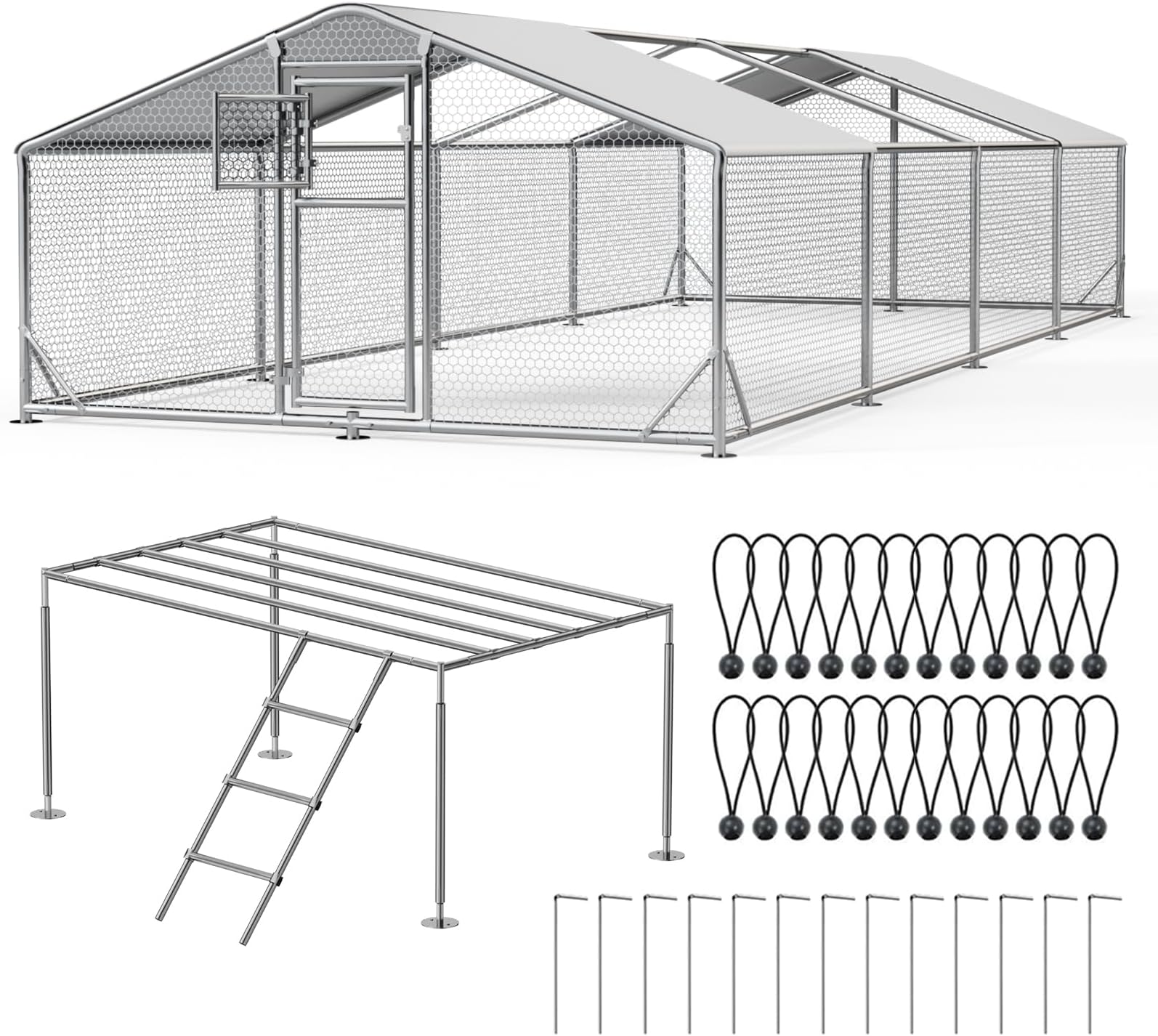 26x10x6.5 FT Extra Large Metal Chicken Coop with Perch, Upgrated Split Door Chicken Coop Run with Cover & Strong Wire Mesh,Heavy Duty Hen House with Aluminum Frame, Easy Setup Animal Run for Hen, Duck