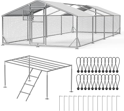 26x10x6.5 FT Extra Large Metal Chicken Coop with Perch & Split Door | Heavy Duty Duck Pen with Aluminum Frame & 2 Pack Cover & Strong Wire Mesh, Large Animal Run for Chicken, Duck, Goat, Rabbit