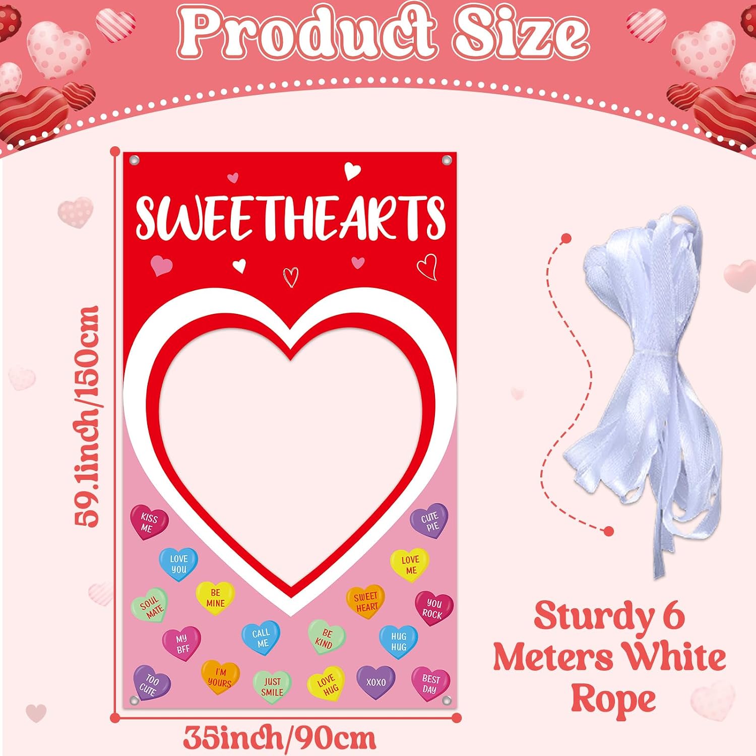 Valentine's Day Candy Heart Photo Prop Selfie Frame Valentine's Day Party Decoration Sweet Candy Conversation Hearts Hanging Banner Backdrop Photo Booth Frame for Wedding Romantic Party Supplies