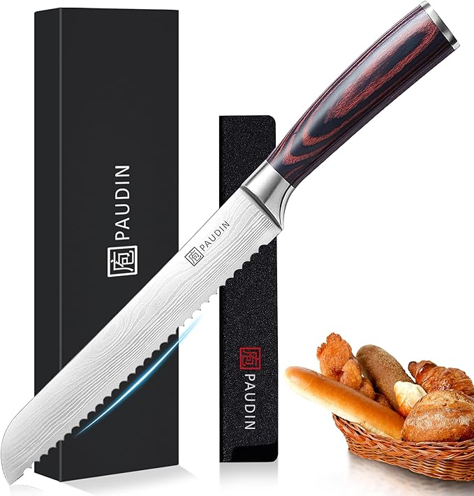 PAUDIN Bread Knife 8", Ultra Sharp Wave Edge - Forged Premium German HC Stainless Steel, Serrated Bread Knife for Homemade Bread and Sourdough Bread, Pakkawood Handle