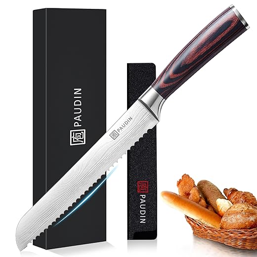 Bread Knife - PAUDIN N4 8" Serrated Knife, Ultra Sharp German High Carbon Stainless Steel Bread Cutting Knife for Homemade Bread, Cake Knife with Ergonomic Handle and Gift Box for Crusty, Soft Bread