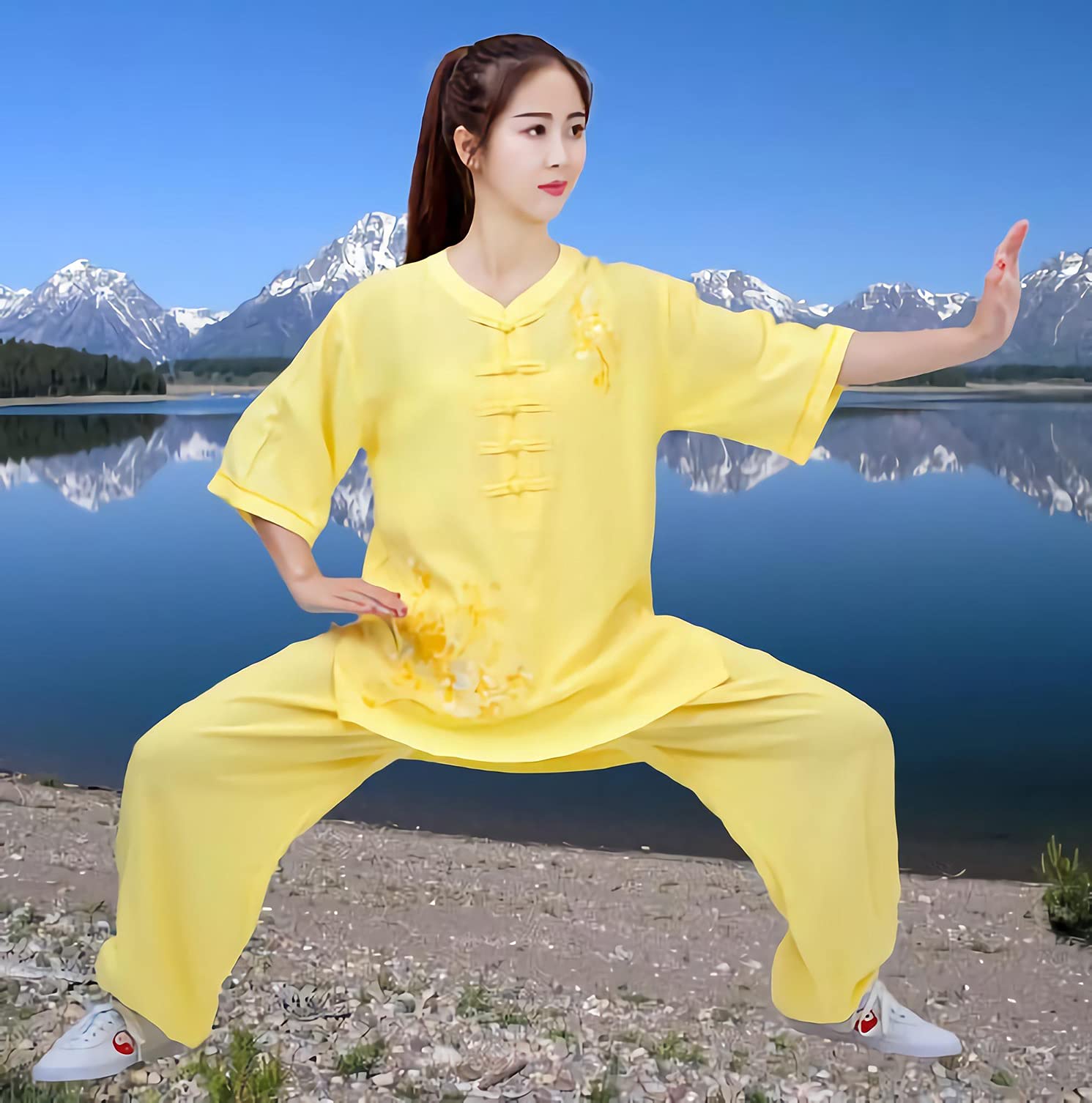 Abbigliamento Qigong Donna Estate Elegante Manica corta Lino estivo Lino di cotone Abito Tai Chi Lanterna Tai Chi Abbigliamento Tai Chi Abbigliamento da allenamento ricamato Blu-XXL (Rosa XXL) (Giallo