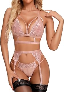 RSLOVE Sexy Lingerie for Women Floral Lace Bra and Panty Set 3 Pieces with Garter Belt