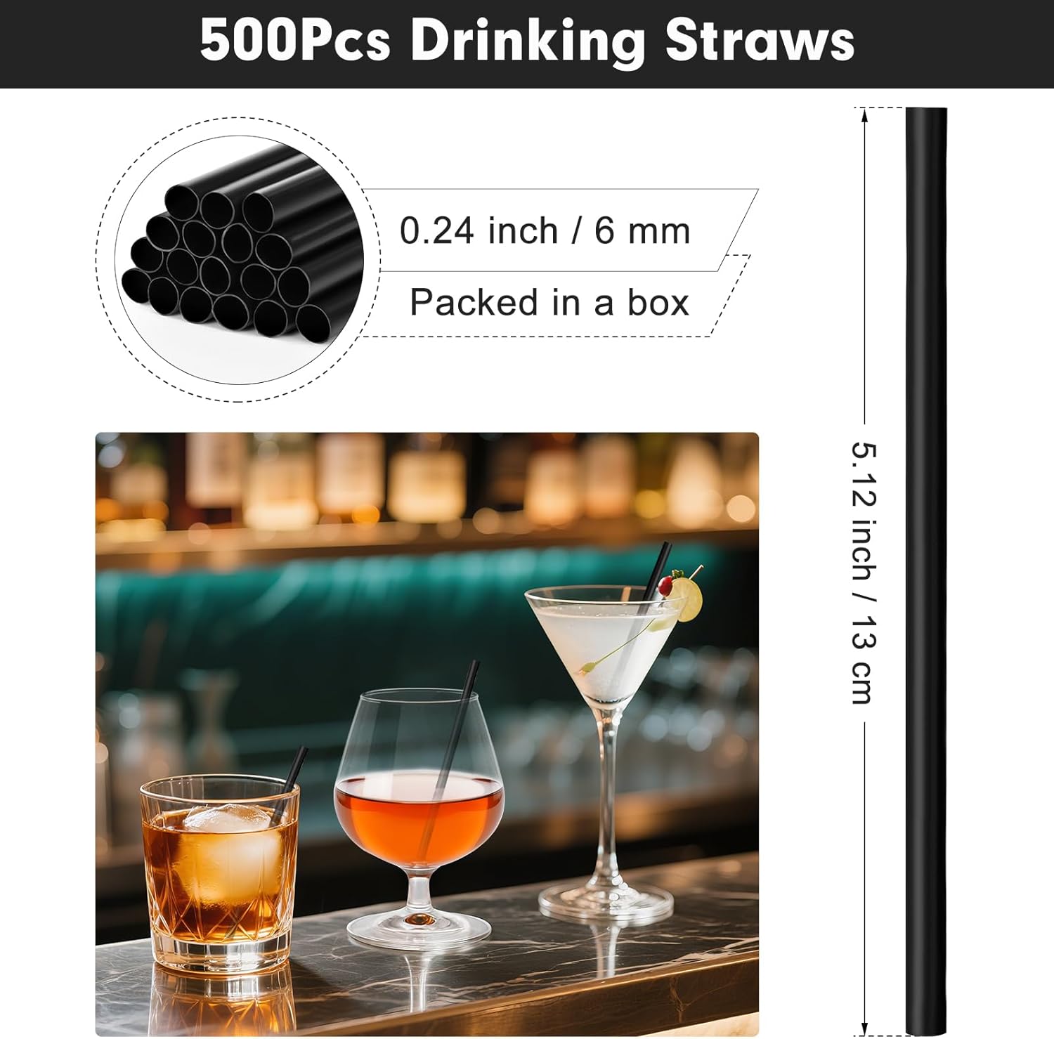 [500 Pcs] 5 Inch Black Drinking Straws - 0.24'' Diameter Disposable Plastic Straw for Coffee and Cocktail, Short Straws for Bar, Cafe, Club, Kitchen, Party, Martini, Margarita and Whiskey - Image 2