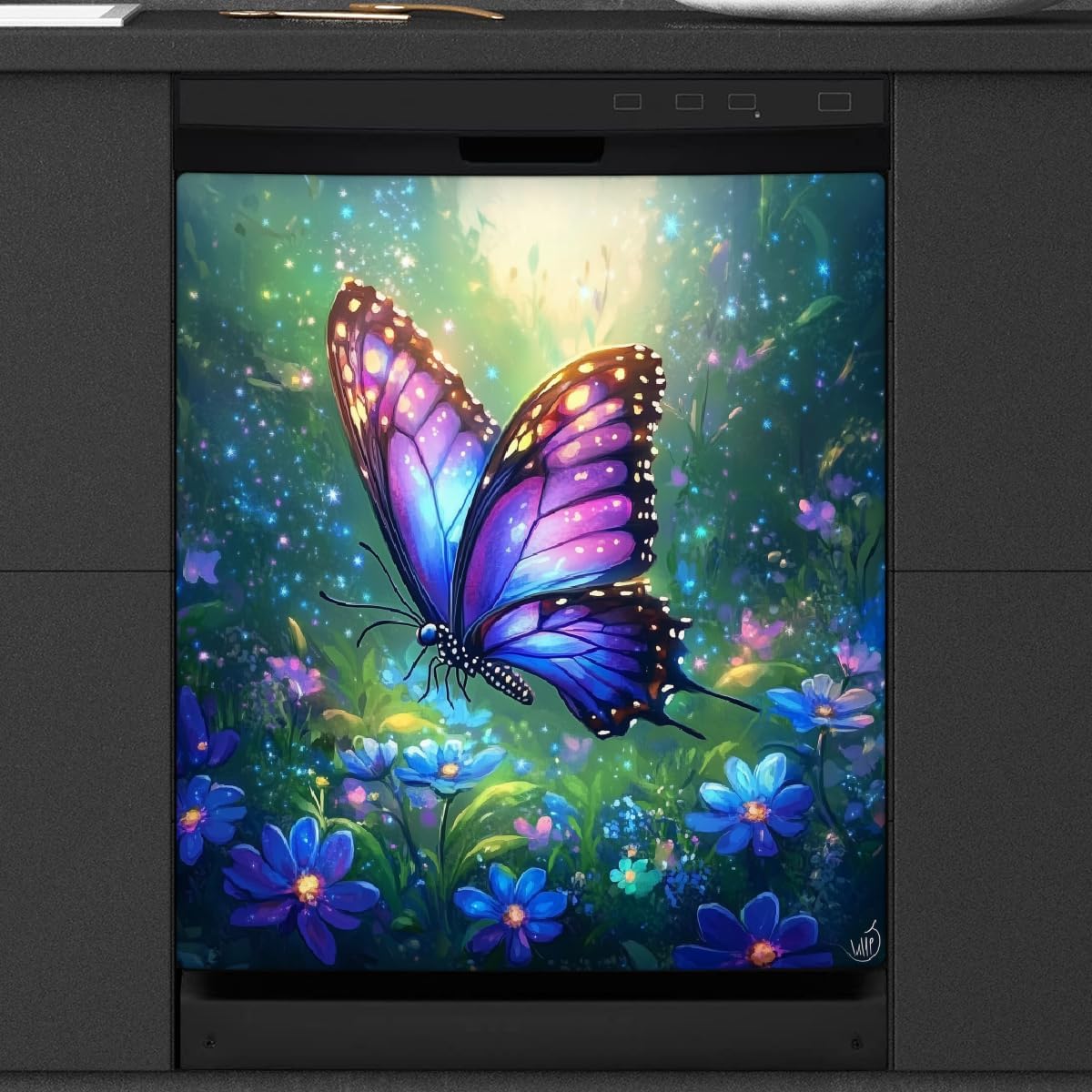 Dishwasher Covers Refrigerator Magnetic Panel Decals Colorful Butterfly Purple Flowers Magnetic Sheet Sticker Wash Machine Fridge Panel Decal for Home Kitchen Decoration