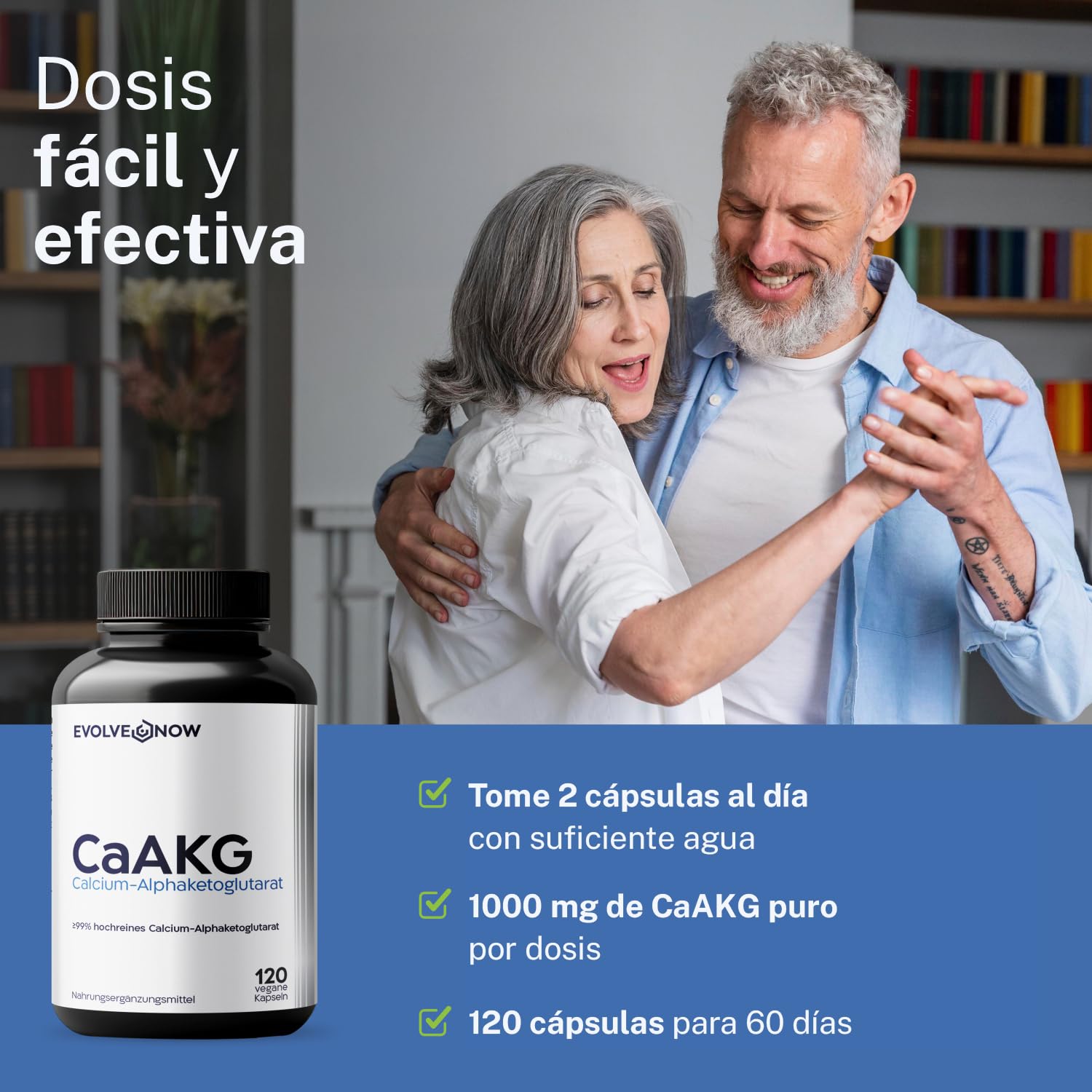 Evolve Now CaAKG – Alfacetoglutarato de calcio – 120 cápsulas veganas – Alta dosis – 1000 mg dosis diaria – Probado en laboratorio y libre de aditivos
