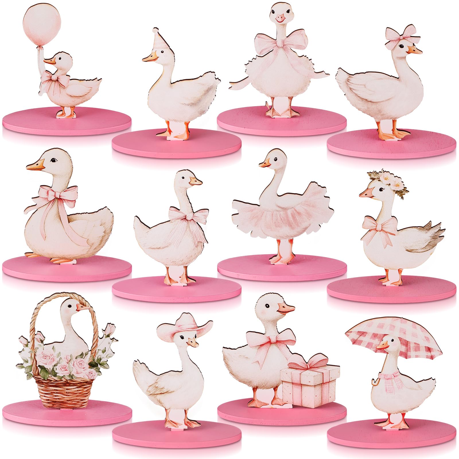 Photo 1 of Amyhill 12 Pcs One Silly Goose Decor Goose Wooden Sign Pink Bow Centerpiece for Table with Base Cute Tiered Tray Decor for Birthday Baby Shower Home Office Party Supplies