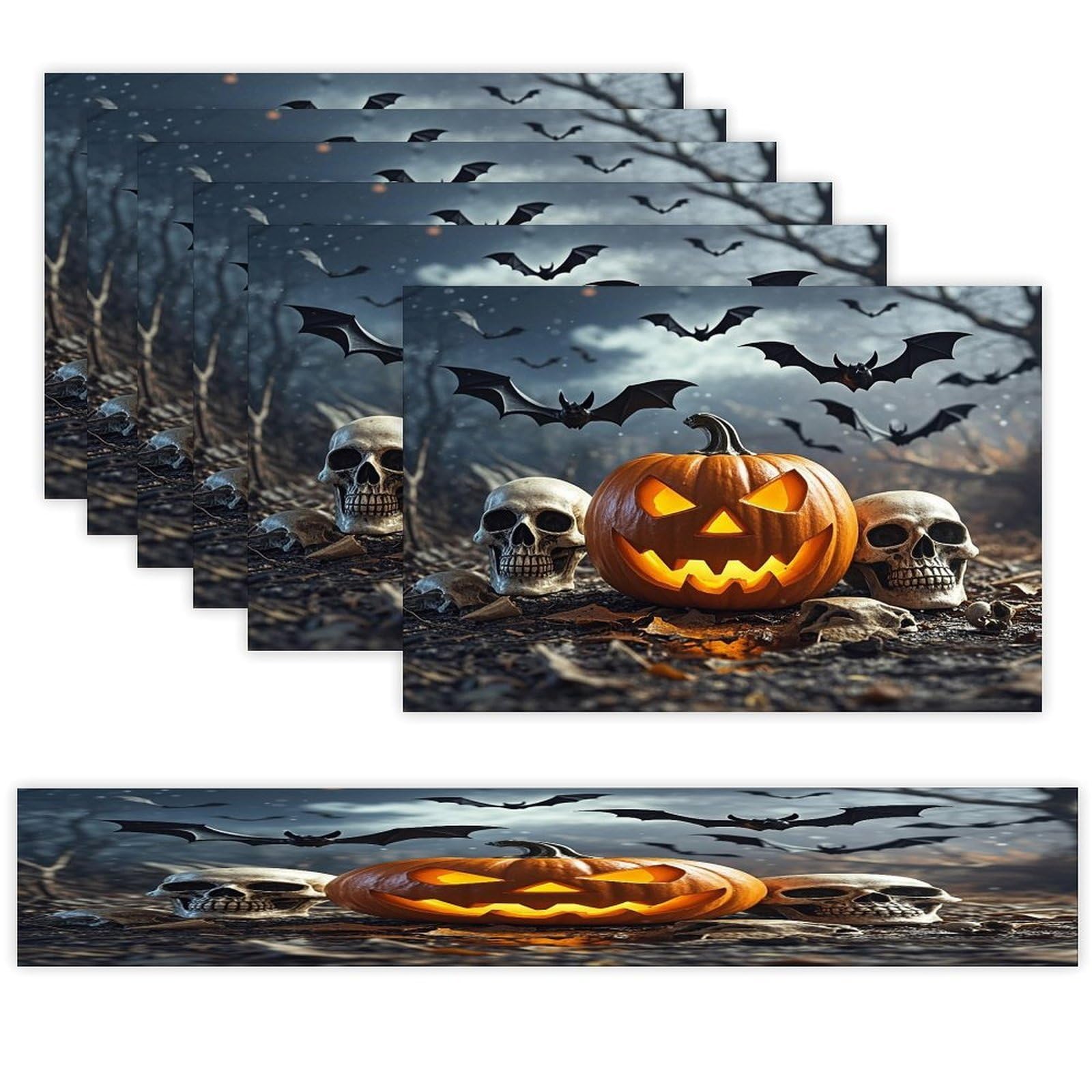 Pumpkins and Skulls Table Runner and Placemats Set of 6 Wipe Clean Heat Resistant Table Mat with Table Runner Decorations Flax Linen Place Mat Set for Home Kitchen Party Supplies