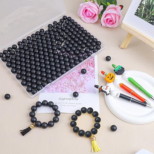 Vista 3 de CZWZ 160 cuentas de silicona negra, 0.59 pulgadas, cilíndricas, sueltas para hacer llaveros, bolígrafos, collares, joyas, pulseras, manualidades