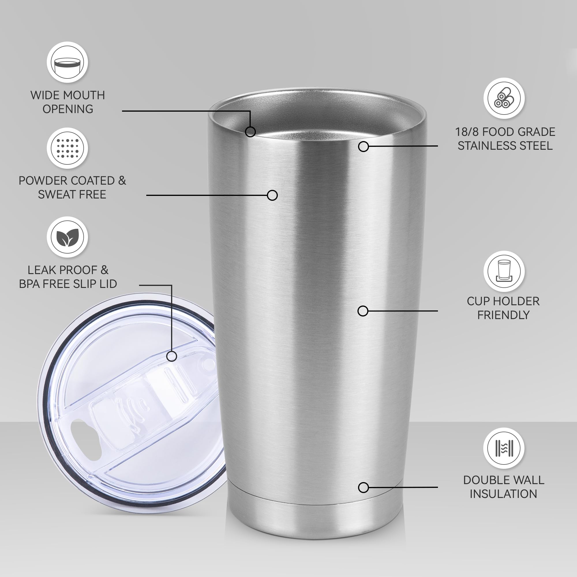 Edelstahlbecher mit Deckel, doppelwandig, isoliert, für heiße und kalte Getränke, pulverbeschichtet, Reise-Kaffeebecher, 590 ml, Matal (Edelstahl, 12 Stück)