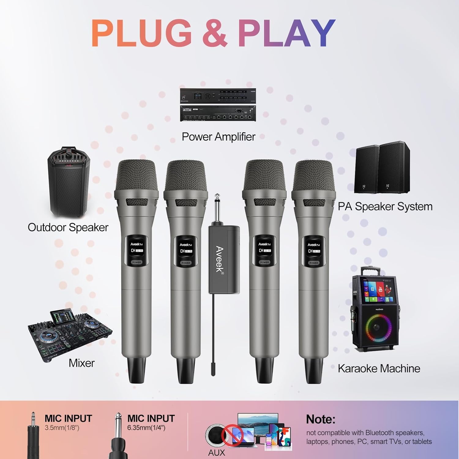 Aveek Micro sans Fil 4 micros Professionnels 2,4 GHz Rechargeable avec récepteur Portée 30m Karaoké Chant Fêtes
