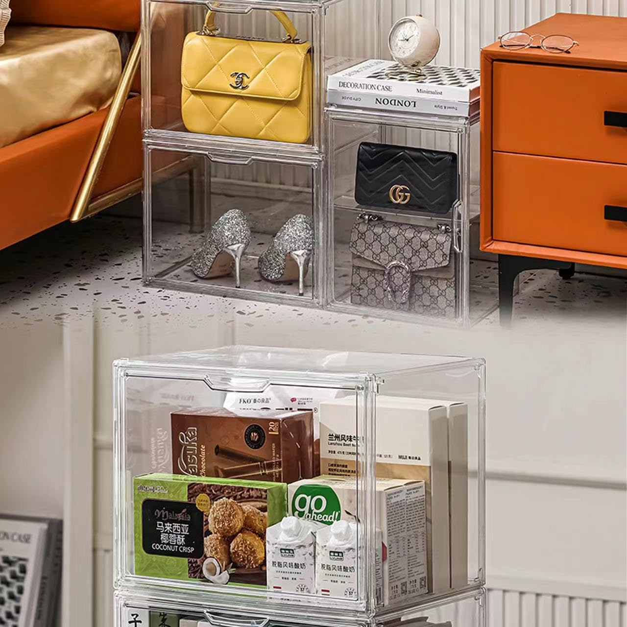 BOHOIDEE Vitrine en acrylique transparent à 4 niveaux pour placard, sac à main, bacs de rangement en plastique avec 3 séparateurs réglables et porte magnétique