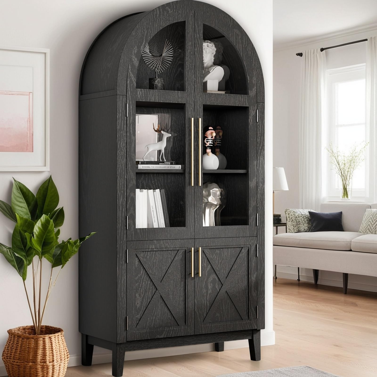 FONTOI Arched Cabinet with Glass Doors, Kitchen Storage Cabinet with Door, 5-Tier Arched Bookcase with Adjustable Shelves, Hutch Cabinet with Storage for Living Room, 74.3 Inch