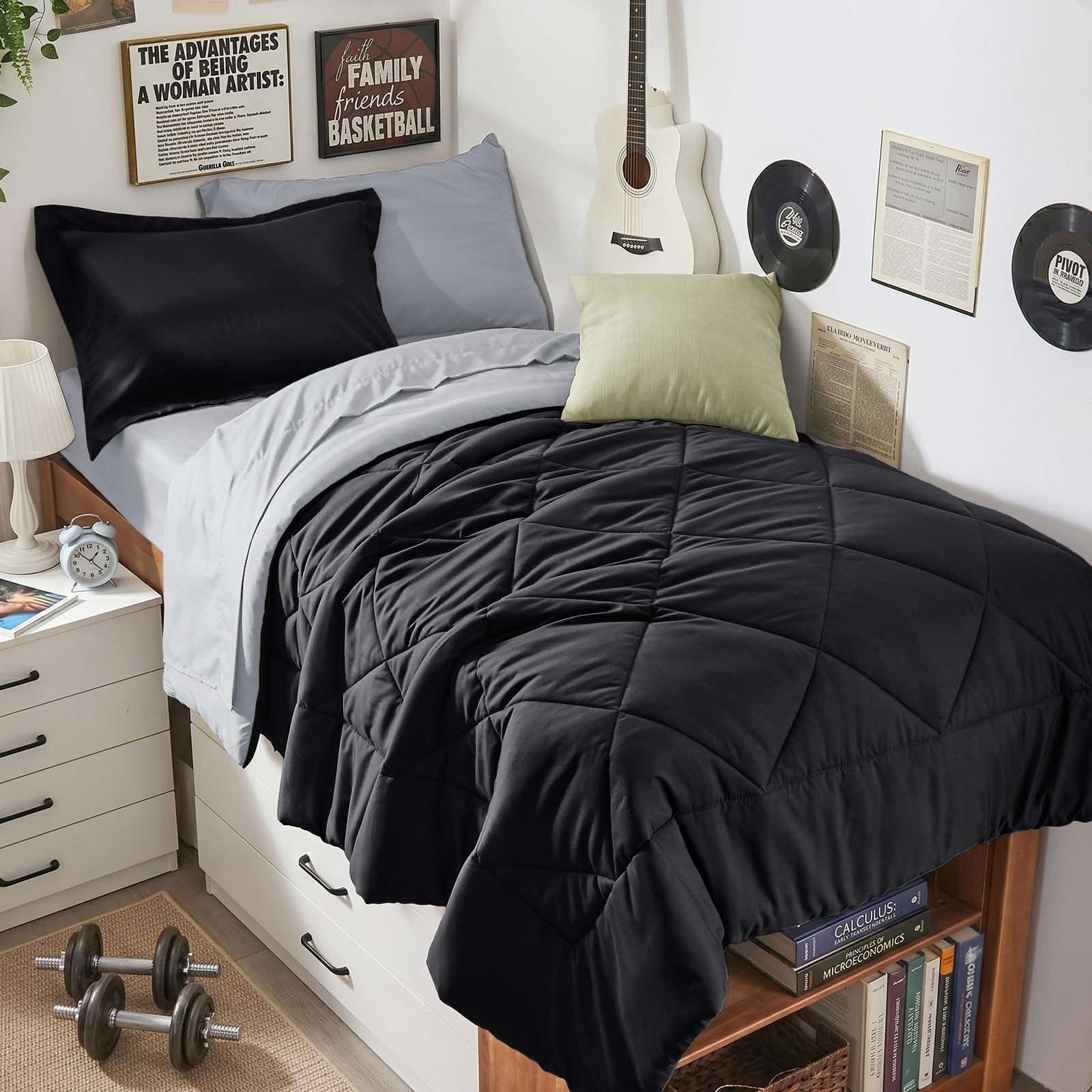HEVUMYI 5-Piece Twin Comforter Set, Black &amp; Light Grey Bed in a Bag