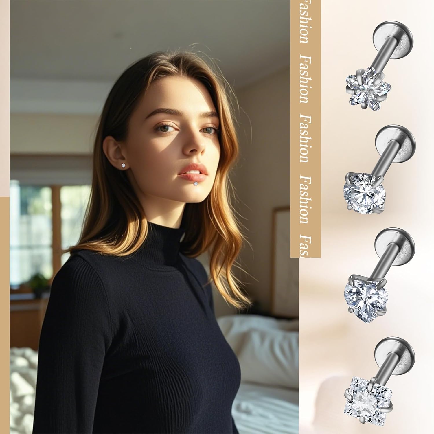 Flat Back Stud Piercing Earrings: 4 Pairs Surgical Steel Inlay CZ Stone Pierced Cartilage Earrings Tragus Earrings Lip Rings Jewelry for Women Men - Image 2