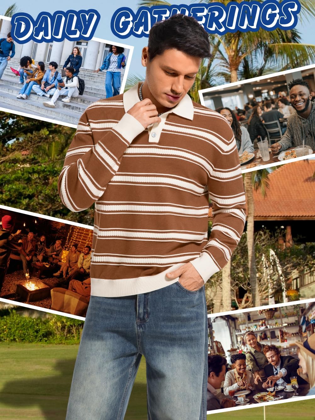 Mens Striped Long Sleeve Polo Sweater, Lightweight Color Block Rugby Shirt Knit Pullover, Fashion Casual Fall Outfits - Image 7