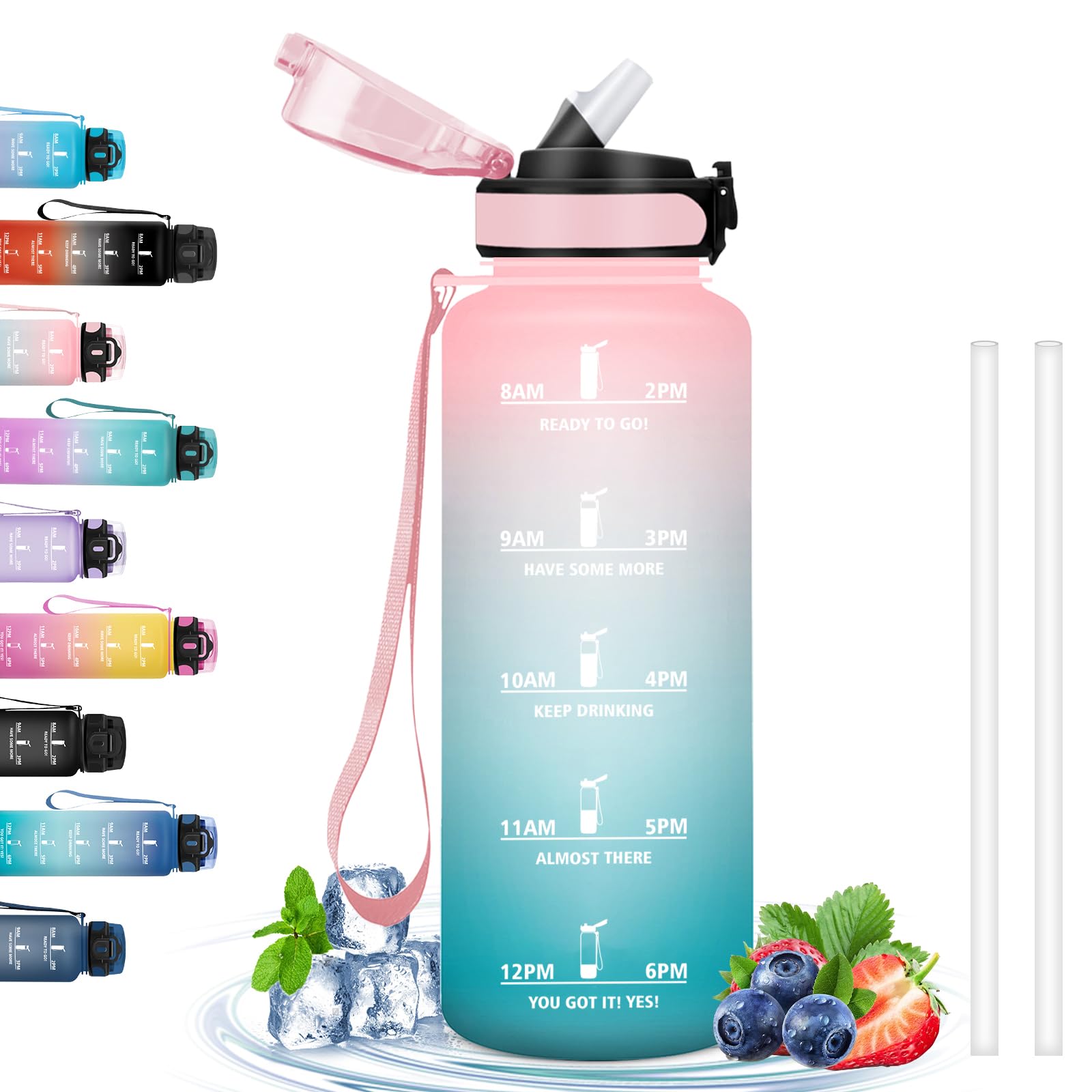 Grsta Drinking Bottle 1.5 Litres, Bottle with Straw, Gym Drinking Bottle, Can Be Carried, Water Bottle with Time Marking, Sports Water Bottle for Camping, Hiking, Running, Yoga, Fitness, Gym