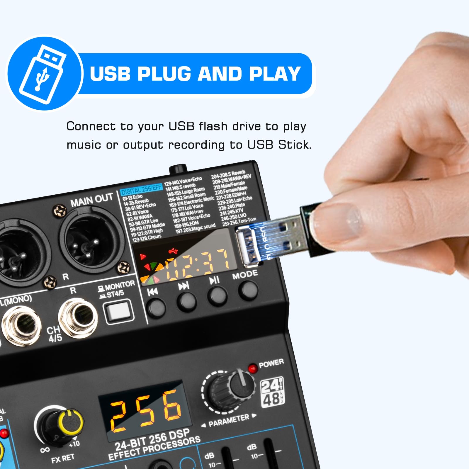 Depusheng Profesjonalny mikser audio Digital FX 256-bitowy DSP USB Bluetooth MP3 Komputer DJ Mikser 5-kanałowy interfejs wejściowy z zasilaniem fantomowym 48 V do nagrywania na komputerze, streamingu