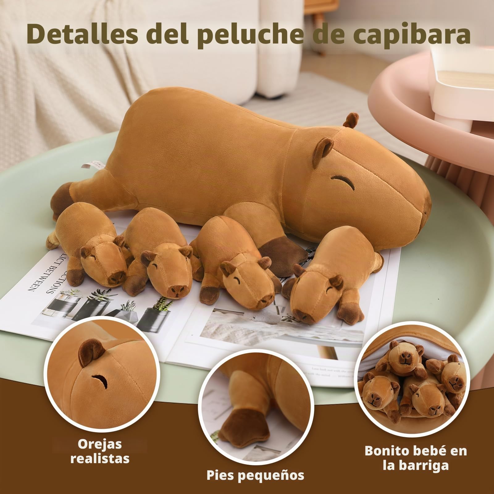 SQEQE Capybara de Peluche Animal de Peluche con 4 bebés, Lindos Animales de Peluche de Capybara Almohada de Peluche Suave Regalos de cumpleaños para niñas y niños