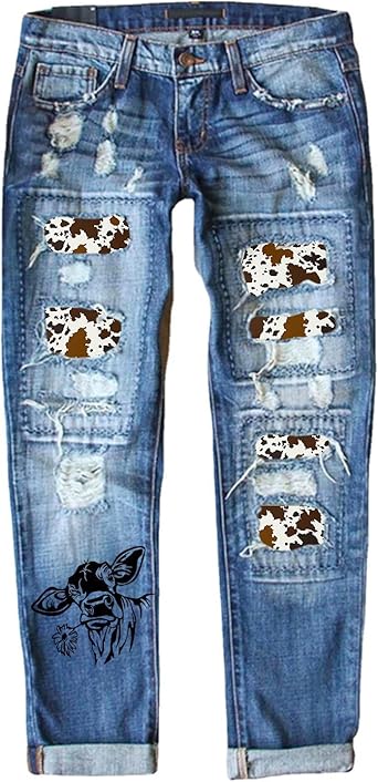 Bluedeer Women Leopard Patch Ripped Jeans Mid Waisted