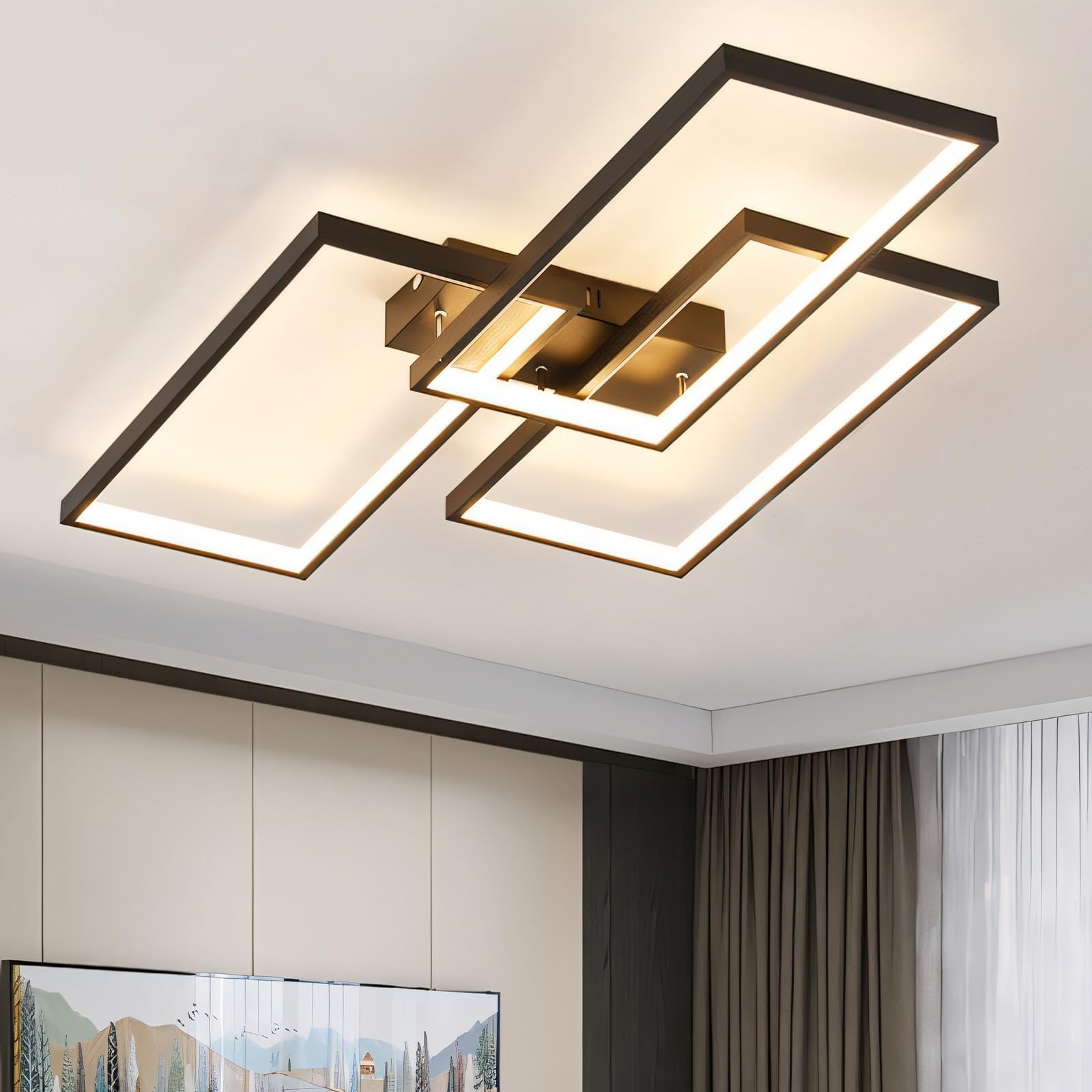 Caufloce LED Ceiling Lights Square Modern Remote Control Memory Function Ceiling Lighting Large Dimmable 3000K-6000K Flush Mount Living Room Ceiling Lamp Smart Indoor 63W for Bedroom, Lounge-Black