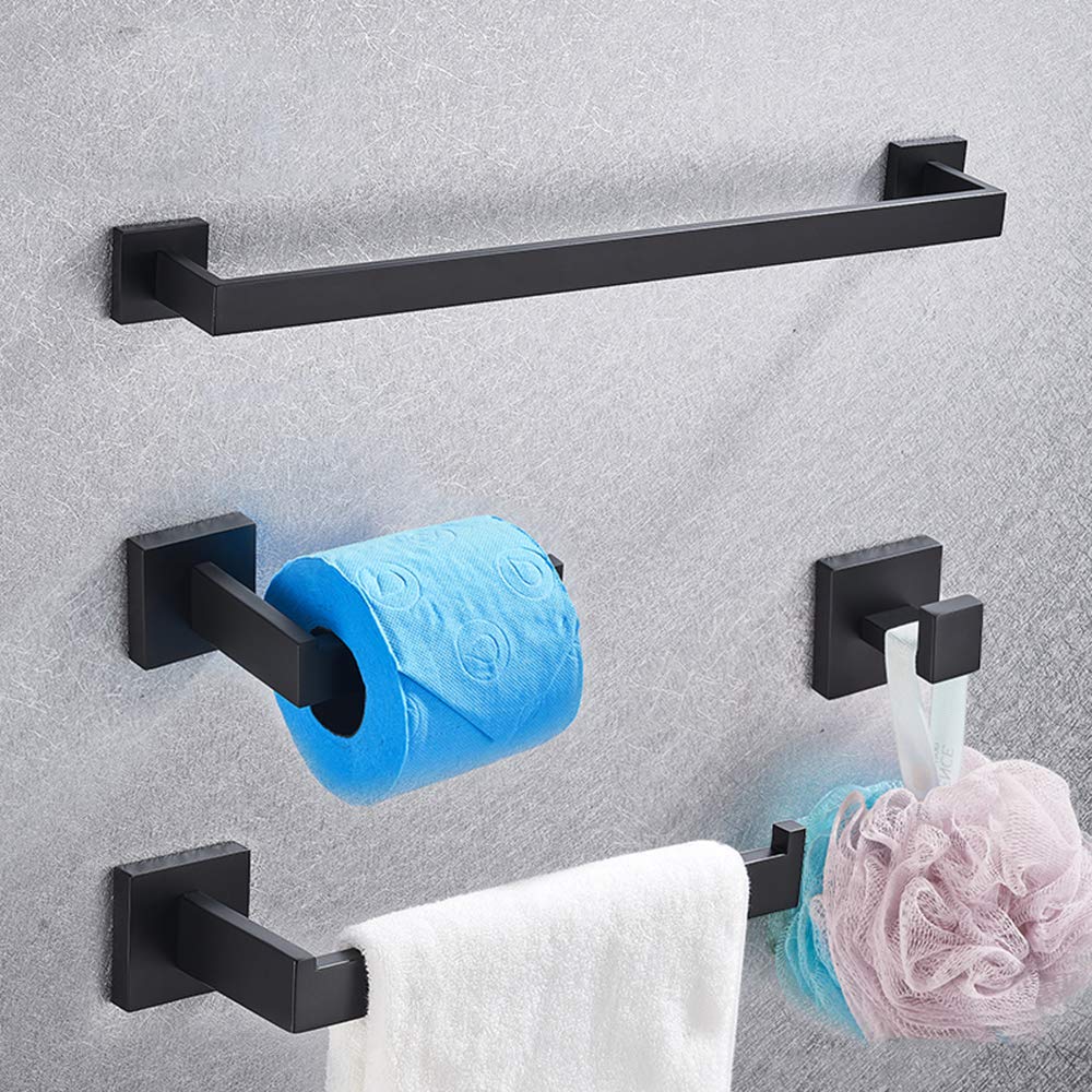Set De Accesorios De Baño Gancho Acero Inoxidable Sus 304 Negro para Albornoz Barra De Toallero Tejido para Estantería Soporte De Papel Tornillo Oculto Montado En La Pared,4 Piece Bathroom Set