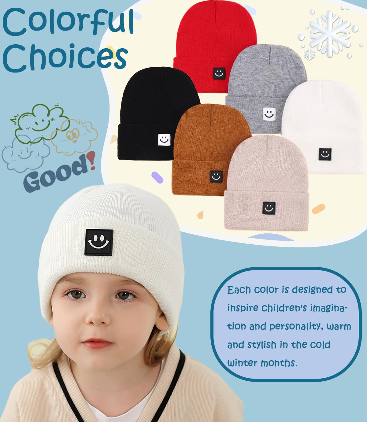 Toddler Baby Beanie Hat 6 Packs, Double Layer Knit Infant Winter Hat Warm Beanies Bulk Skull Cap for Kid Boys Girls