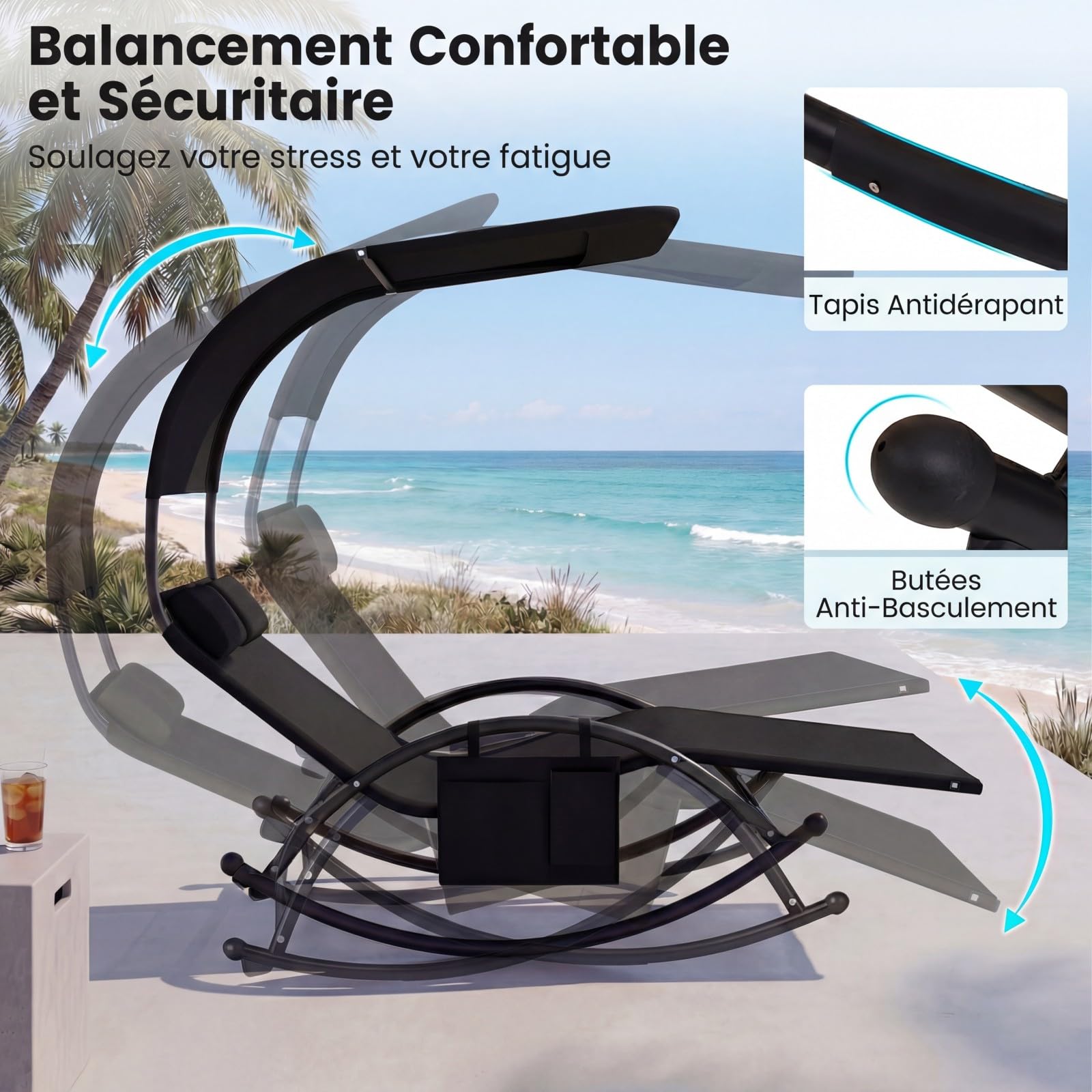COSTWAY Chaise Longue Extérieur à Bascule, Transat à Bascule pour 2 Personnes, Lit de Repos 2 Places avec Auvent Pare-Soleil et 2 Oreillers Amovibles, Cadre en Métal Robuste, Charge 300 KG (Noir)