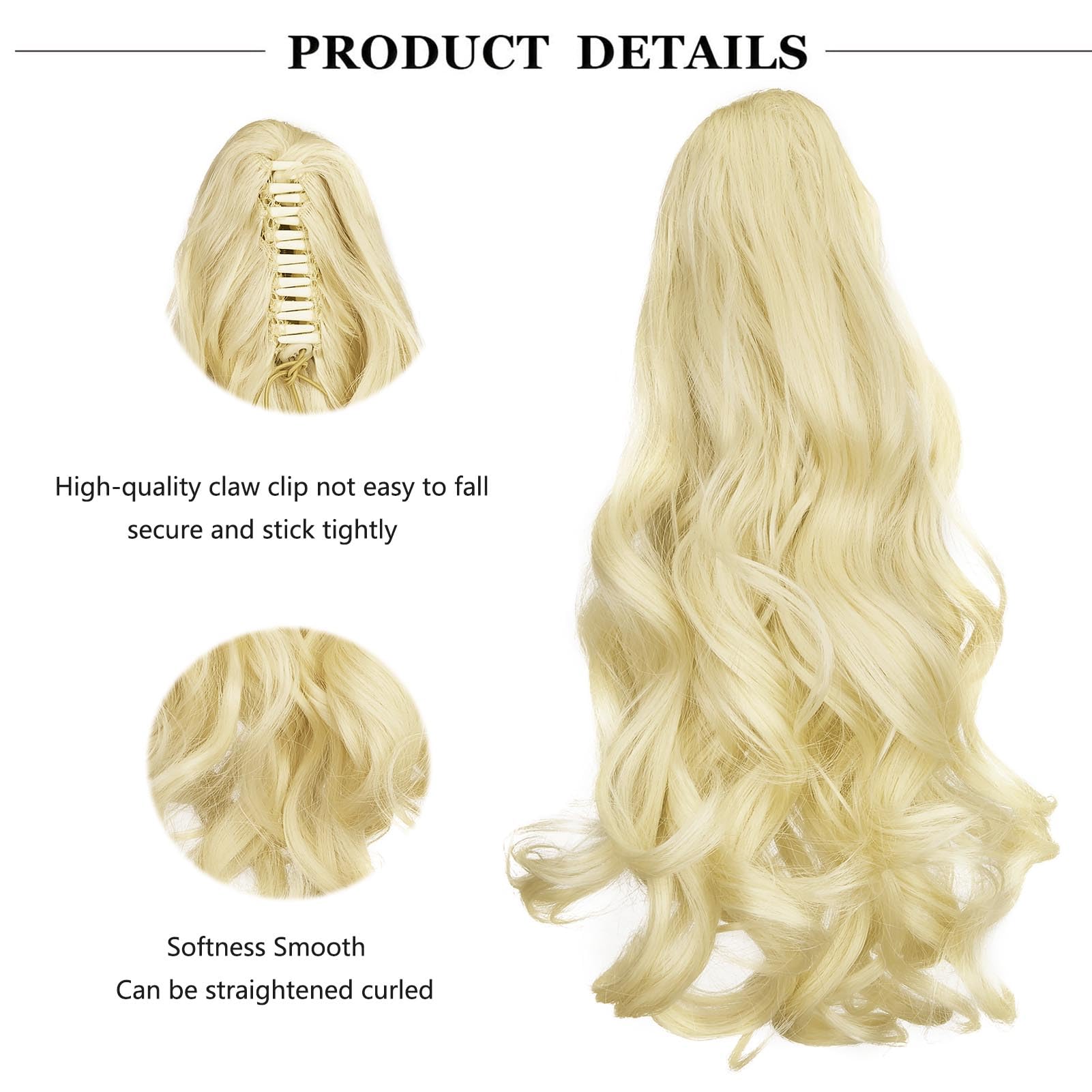 Cybelleza Ponytail Extension Curly Wavy Claw Jaw Pony Tail 18" One Piece Clip in Hair Extensions Ponytail Hairpiece Synthetic Long Natural for Women Bleach Blonde - Image 2