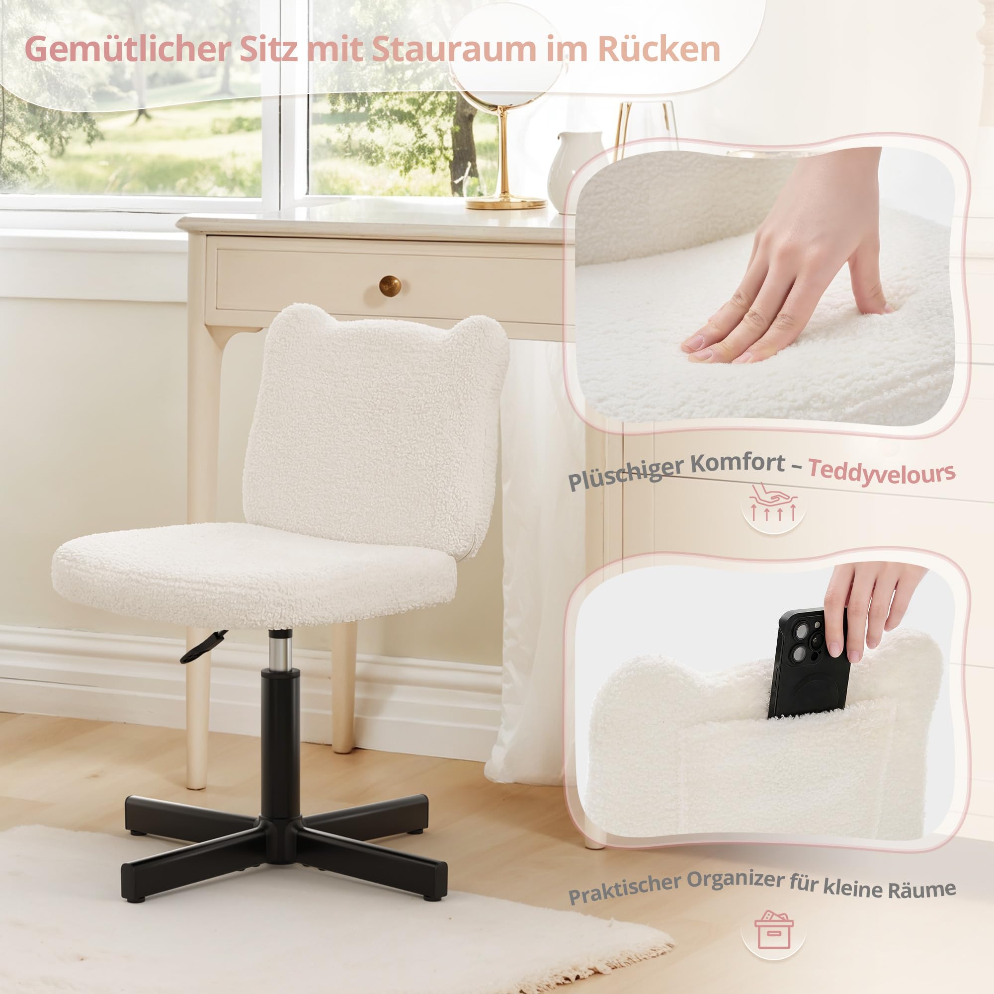 LUE BONA Schminktisch Stuhl mit Bärenohren Rückenlehne – 360° Teddy-Samt Drehsessel, Schminktisch Hocker für Schlafzimmer & Ankleidezimmer, Belastbar bis 136kg, Beige
