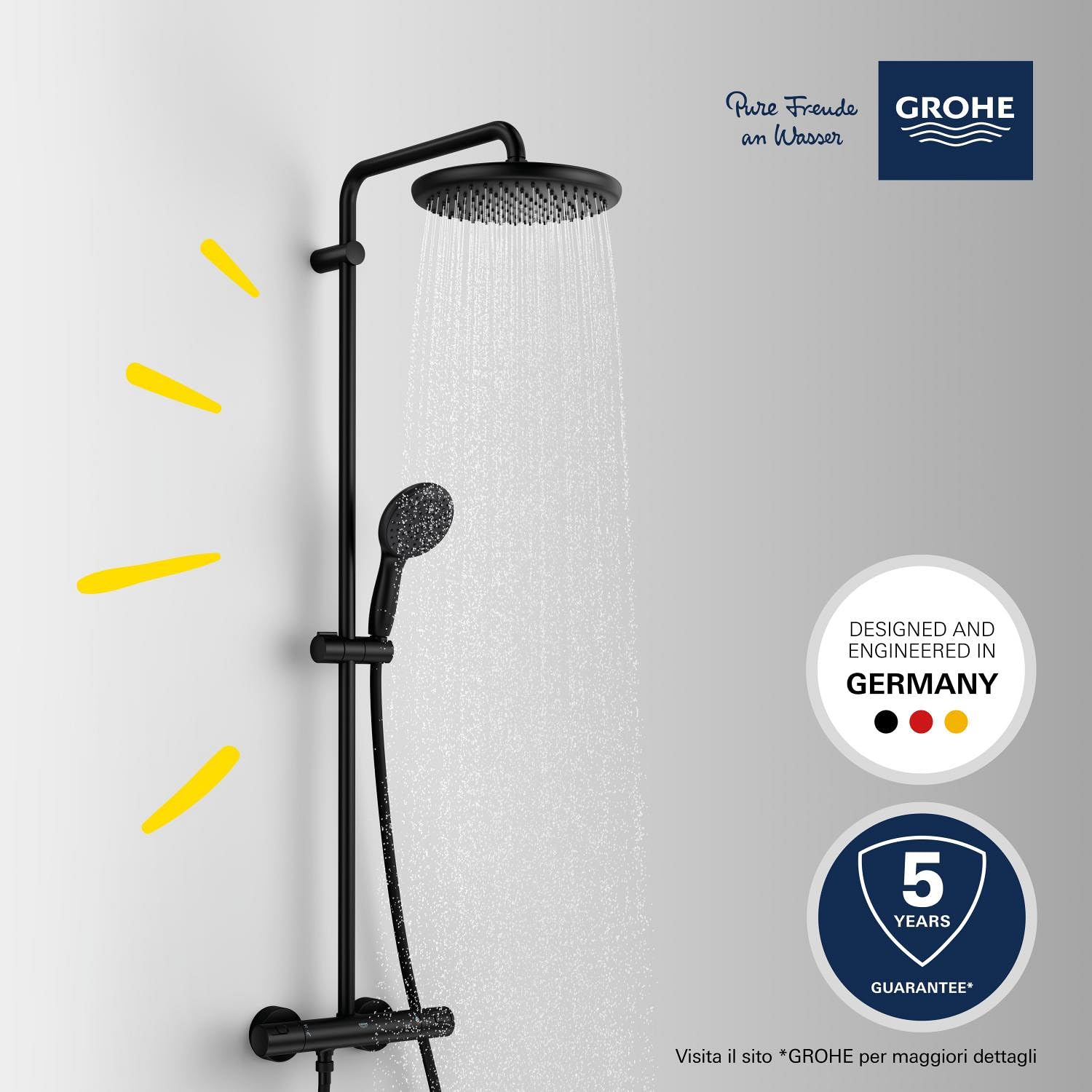 GROHE Vitalio Start 250 – Sistema doccia con termostatico (soffione doccia tondo da 25 cm 1 getto, doccetta tonda da 11 cm 2 getti, flessibile da 1,75 m, risparmio idrico), nero opaco, 266772431