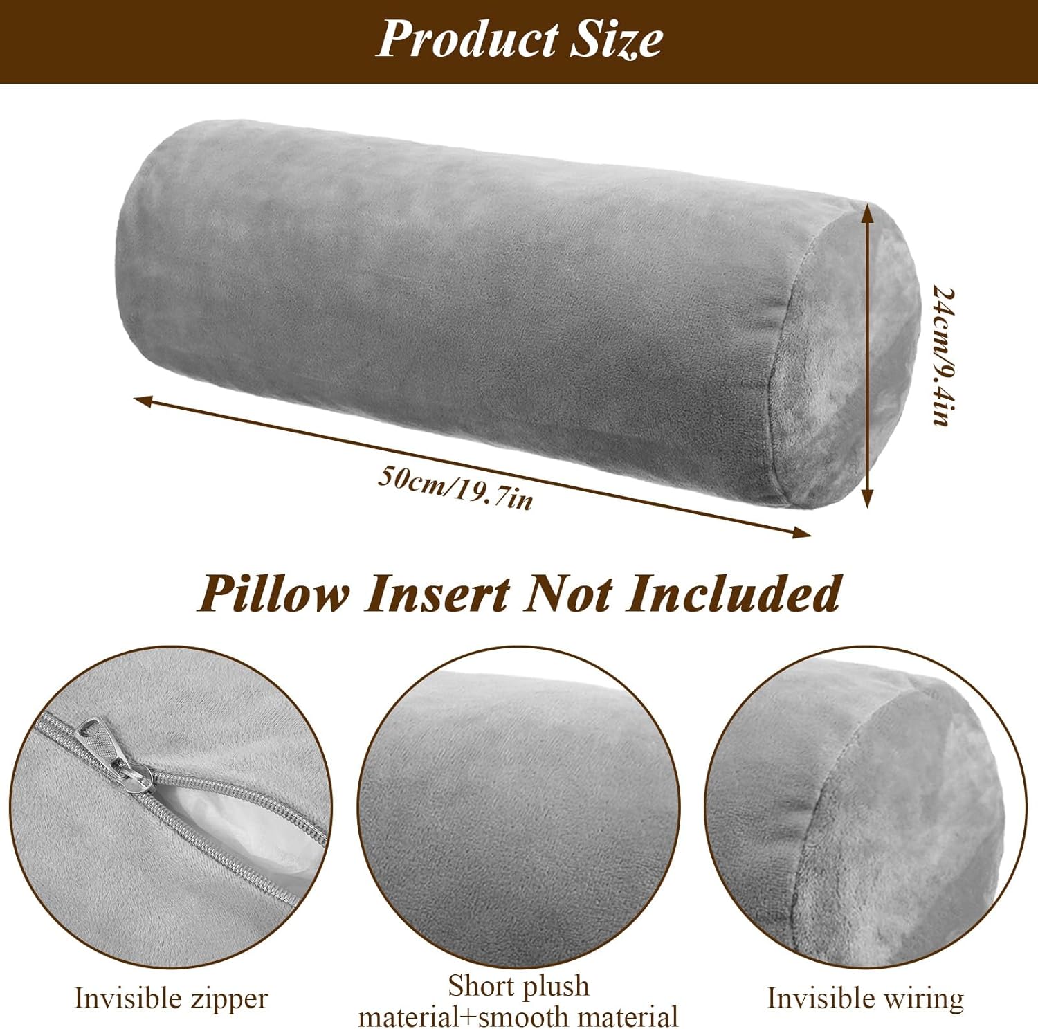 2 Pack Cervical Neck Roll Pillow Cover, Gray Round Pillowcase with Zipper, 16x6 Inch Cylinder Bolster Pillow Case, Soft Breathable Polyester Pillows Covers - Image 2
