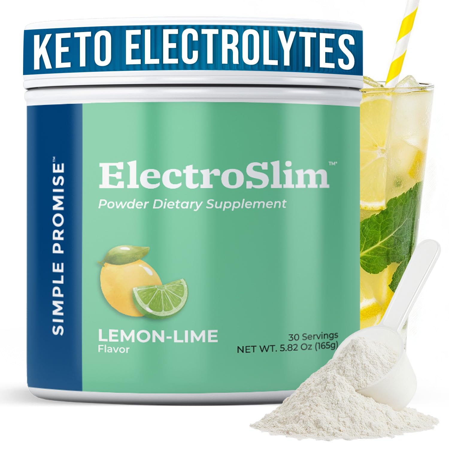 Simple Promise ElectroSlim - Sugar-Free Electrolyte Powder Hydration Support with Essential Electrolytes - No Sugar Formula for Daily Energy Balance - Lemon Lime Flavor