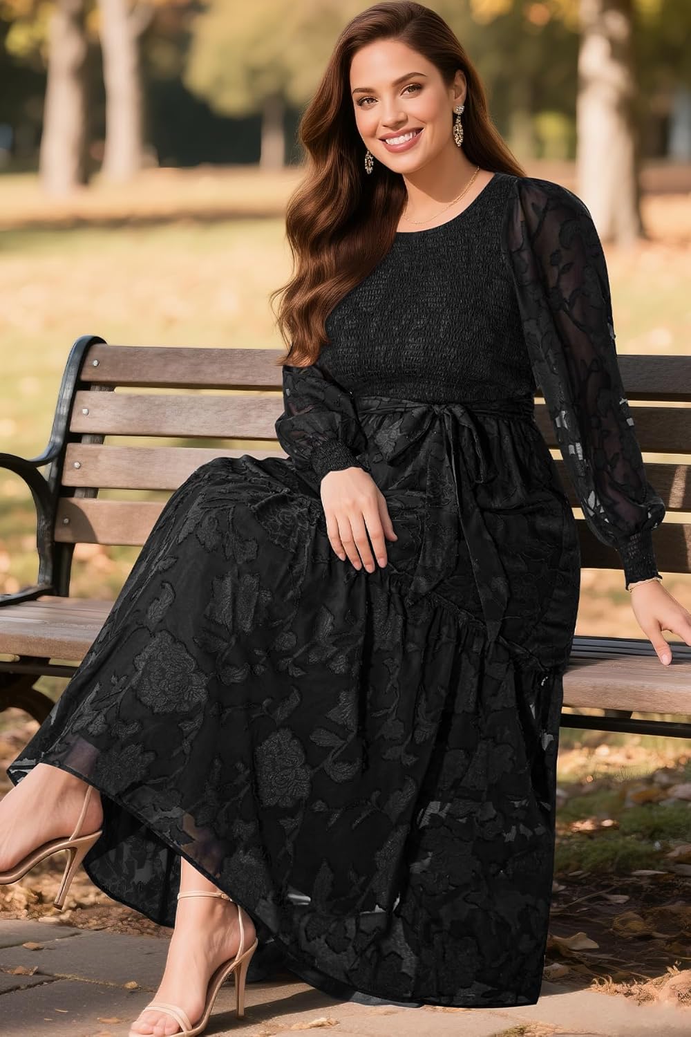 Pinup Fashion Plus Size Fall Dress - 2025 Wedding Guest Long Sleeve Floral Lace Long Dress with Belt - Image 5