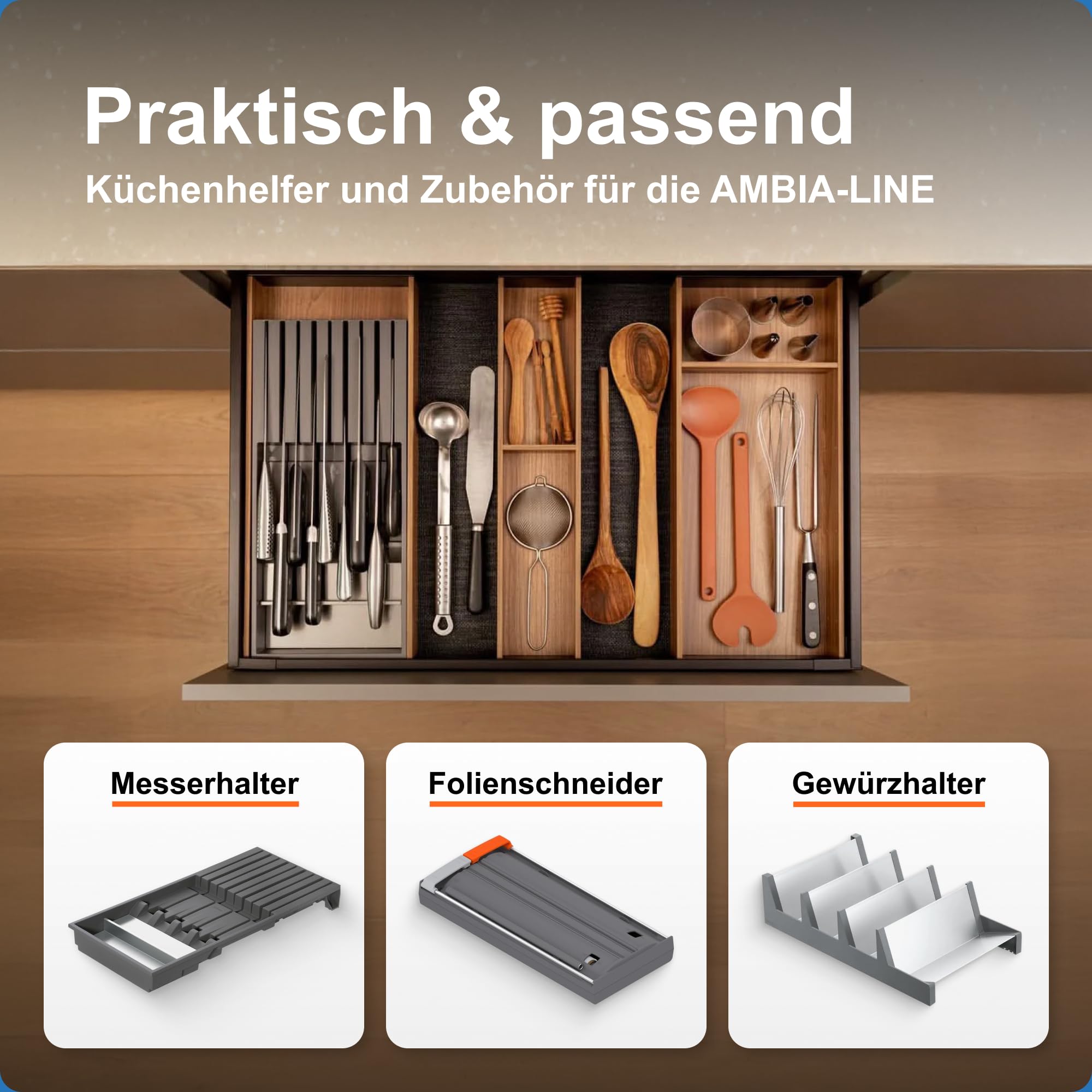 Blum AMBIA-LINE Schubladen-Organizer Holzdekor 42×10×5 cm | Nebraska Eiche | Antirutsch-Füße – sicherer Halt ohne Kleben | Besteckeinsatz & Trenner aus Holzdekor | Für Küche, Bad & Kleiderschrank