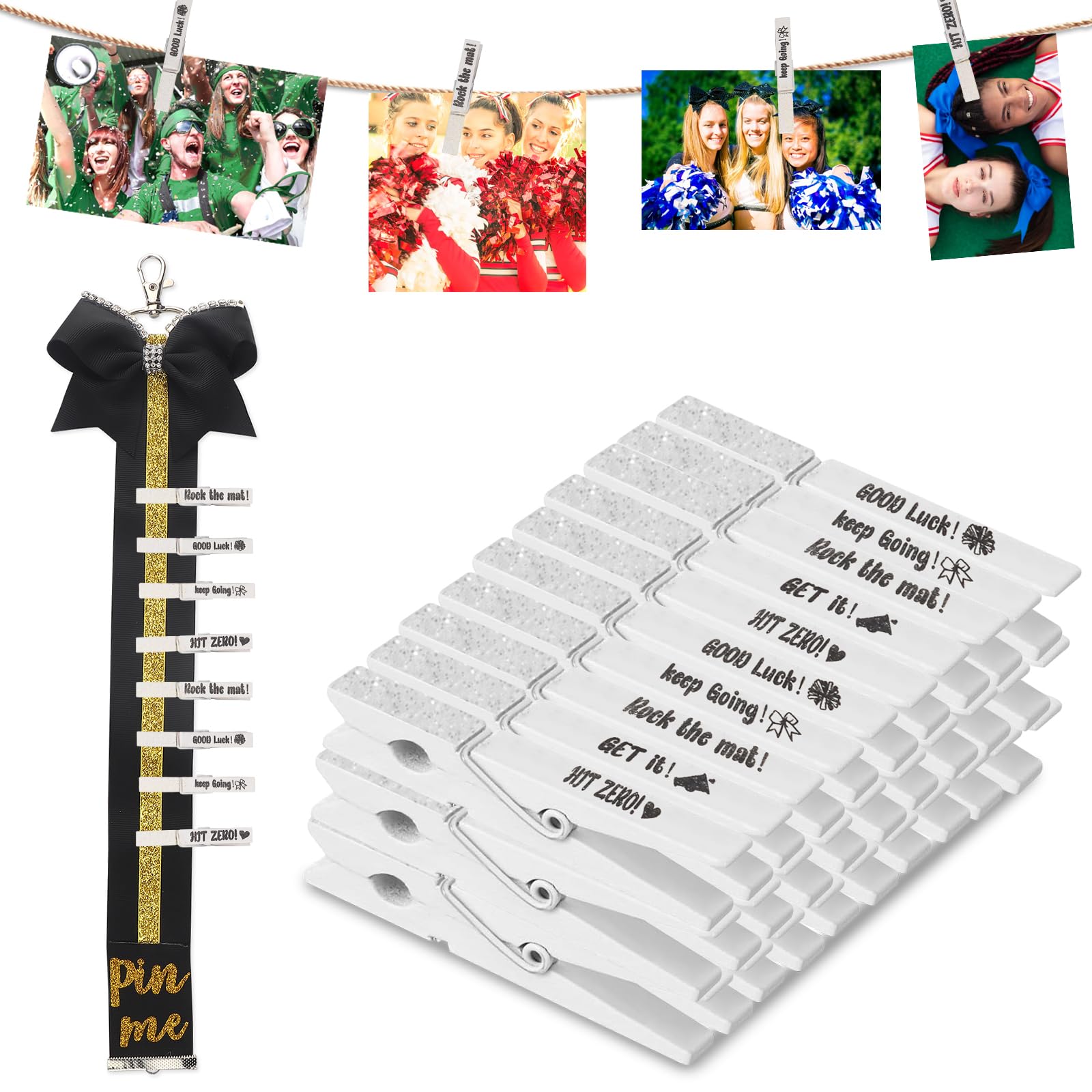 30 Pieces Spirit Clips Cheer Pins White Wooden Clothespins Cheerleading Pins for Backpack, Cheer Clothespin Bulk Competition for Team Pom Poms Cheerleading Gifts Stuff Supplies