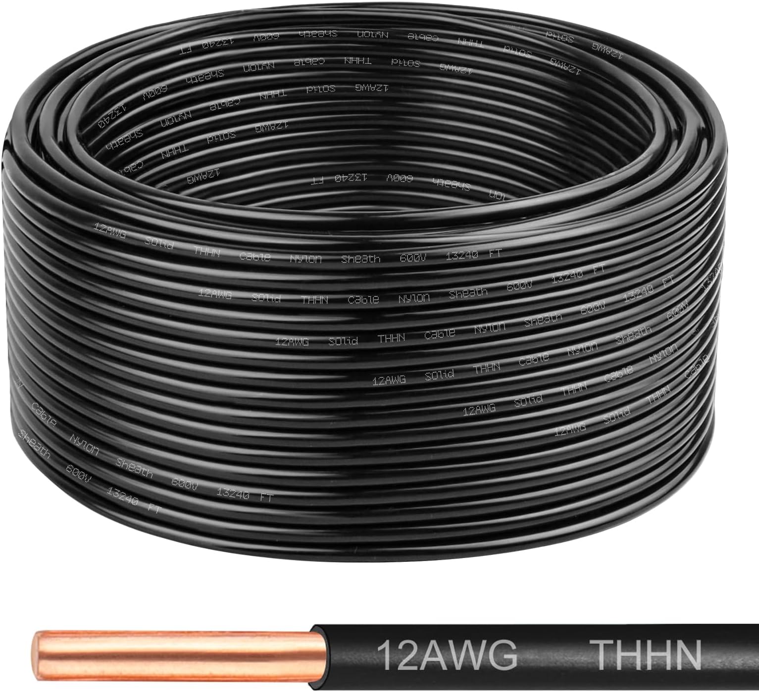 THHN Wire 12 Gauge 100 FT, 12 AWG Solid OFC Copper Electrical Building Wire with Nylon Jacket PVC Insulation, Rated 600V for Residential, Industrial, CNC, Ground (12 Gauge, Black)