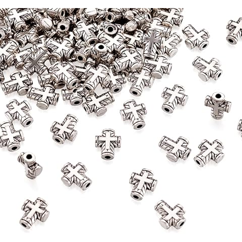 Craftdady 100Pcs Antique Silver Tiny Cross Spacer Beads 10x8mm Tibetan Metal Crucifix Cross Holy Charm Beads for Jewelry Maing Hole: 2mm