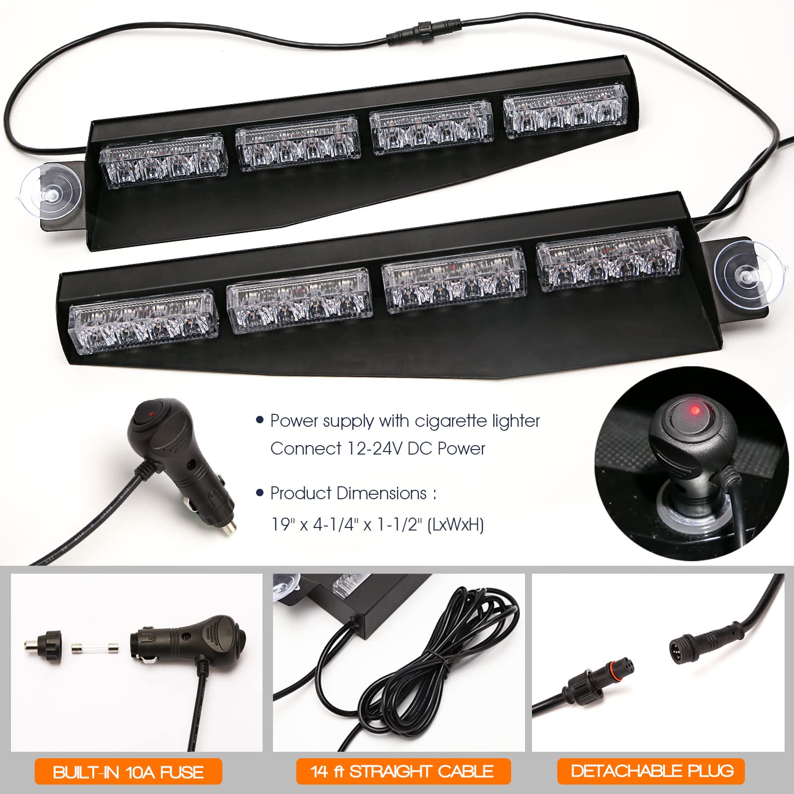 BooYu 32 LED Visor Emergency Strobe Light Bar w/ Digital Display Controller, Interior Front Windshield Dash Mount Warning Flashing Lights for Police Firefighter Vehicles Trucks (Purple/White, 2W/LEDs)